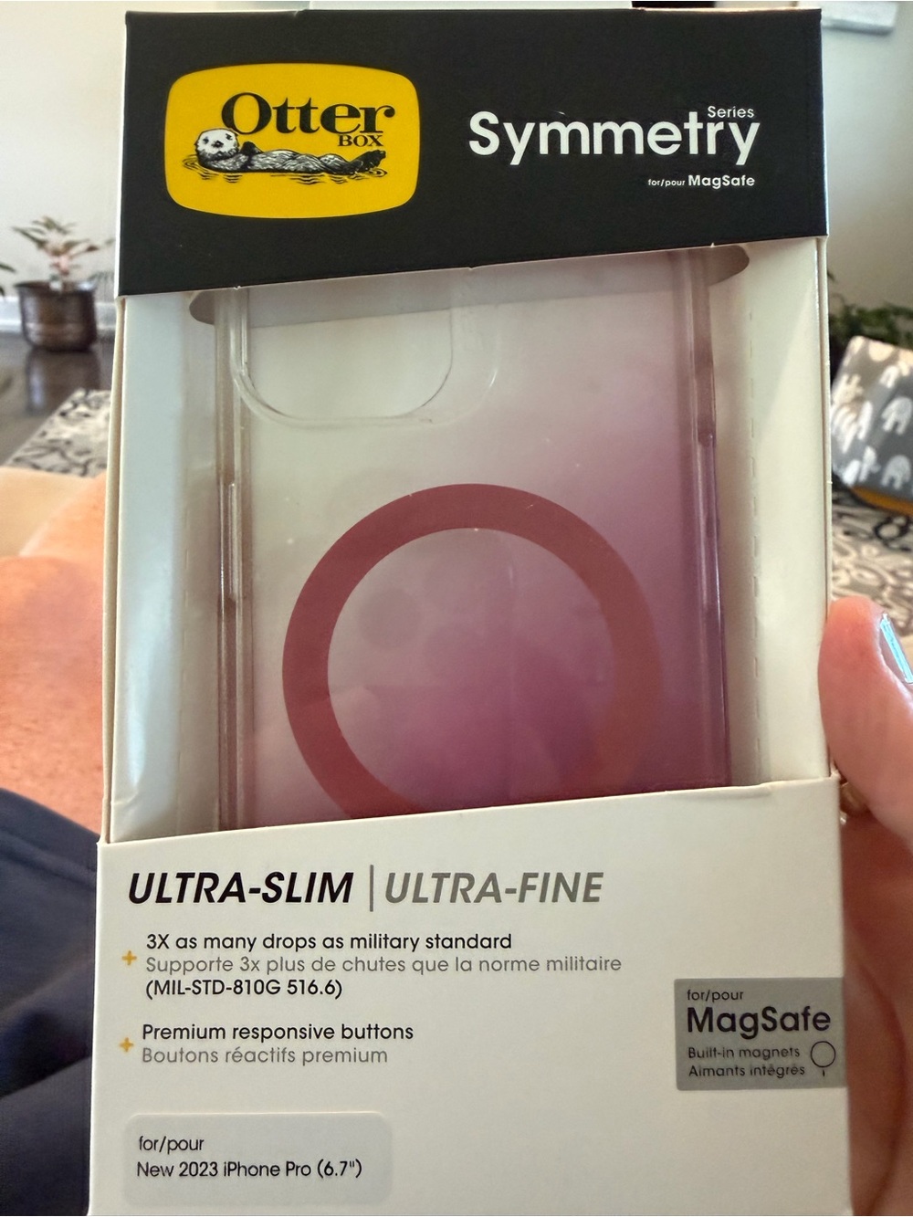 OtterBox Symmetry Series Clear Case with Pink MagSafe Ring for iPhone Pro